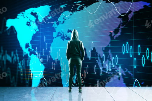 Preview: Hacker Looking On Glowing Global Business Scheme On Dark Background. Trade And Malware Concept