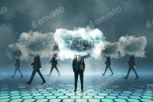 Preview: Cloud Headed Businessmen Walking On Blurry Background. Cloud Computing And Server Concept