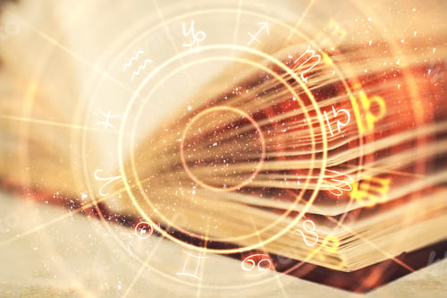 Preview: Abstract Book With Zodiac Wheel. Magic And Astrology Concept. Double Exposure. Close Up