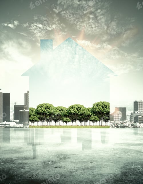 Preview: Abstract Building Silhouette With Forest Inside On City Background. Double Exposure. Eco House
