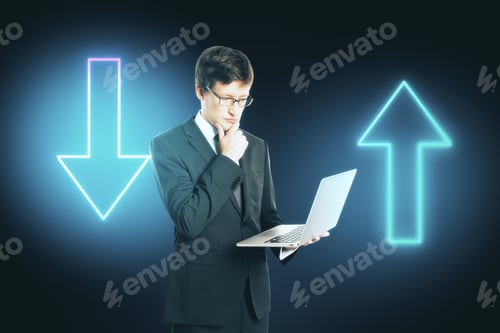 Preview: Businessman With Laptop And Two Neon Arrow On Blue Background. Business And Challenge Concept. Mock