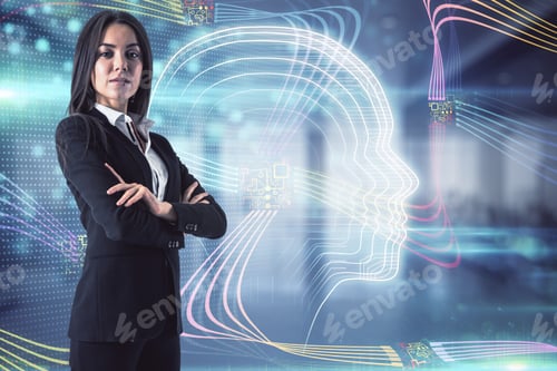 Preview: Successful Businesswoman Standing On Graphic Head Sketch Background, Artificial Intelligence And