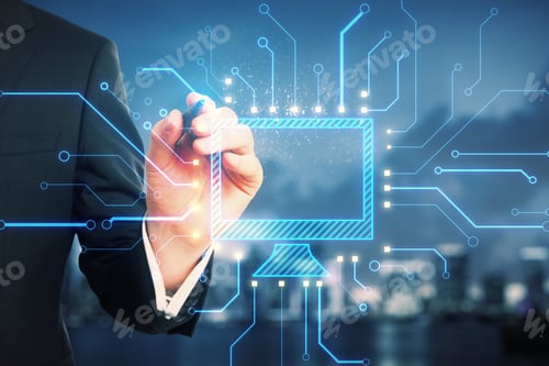 Preview: Close Up Of Businessman Hand Pointing At Abstract Glowing Computer Monitor Chip And Circuit
