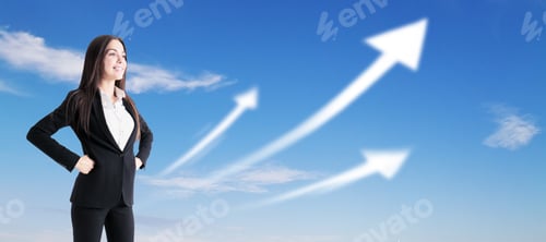 Preview: Happy Businesswoman Standing With Three Arrows Up In The Background With Clear Sky, Success And