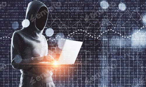 Preview: Side View Of Hacker Using Laptop With Glowing Forex Interface. Technology, Trade And Theft Concept