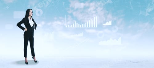 Preview: Attractive Young European Female In Suit Standing On Abstract Blue Sky With Clouds Background With