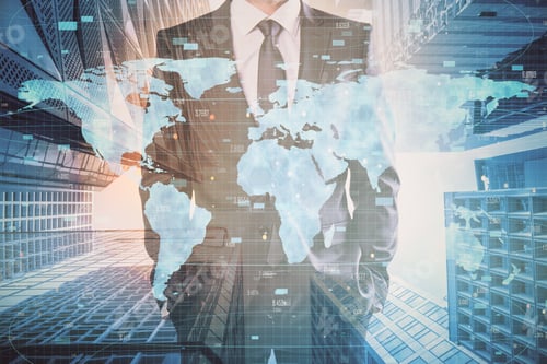 Preview: Businessman Standing On Abstract City Background With Digital Map. Ai And Global Concept. Double