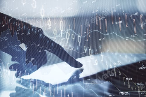 Preview: Hand Using Tablet With Falling Stock Exchange Statistics. Trade And Finance Depression Concept