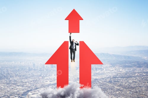 Preview: Ambition And Goal Concept With Businessman Taking Off In The Direction Of Red Arrow Above Megapolis