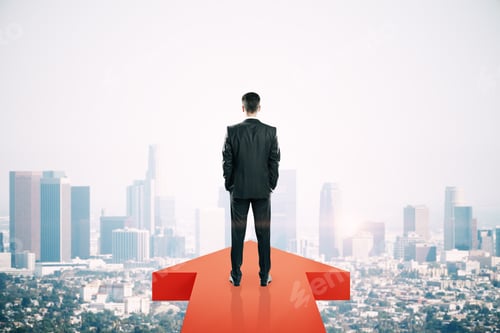 Preview: Back View Of Young Businessman Standing On Red Arrow On New York City Background. Growth And