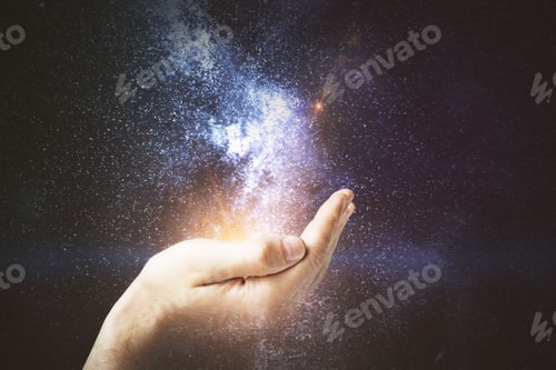 Preview: Male Hand Holding Abstract Space Milky Way. Fantasy Concept. Double Exposure