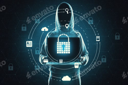 Preview: Hacking And Antivirus Concept. Hacker Using Laptop With Glowing Padlock Hologram In Dark