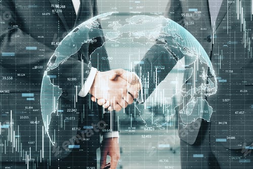 Preview: Side View Of Businessmen Shaking Hands In Interior With Digital Globe And Forex Chart. Deal And