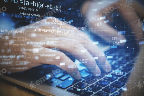 Vista previa: Hands On Desktop Using Laptop With Forex Chart And Mathematical Formulas. Trade, Big Data And