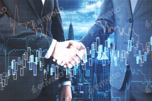 Preview: Businessmans In Suit Shaking Hands With Glowing Business Chart On Blurry City Backround. Teamwork