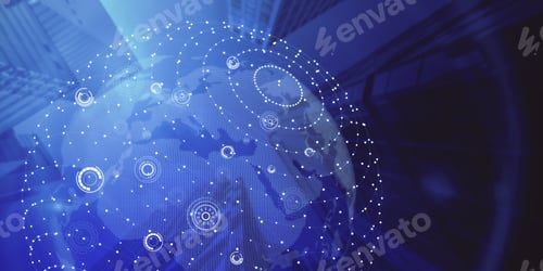 Preview: Creative Glowing Sphere Hologram On Blue City Wallpaper. Metaverse And Future Concept. Double