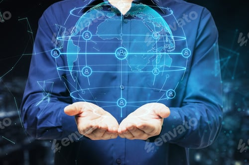 Preview: Businessman Holding Global Social Network Interface And Glowing World Map. Global Business And
