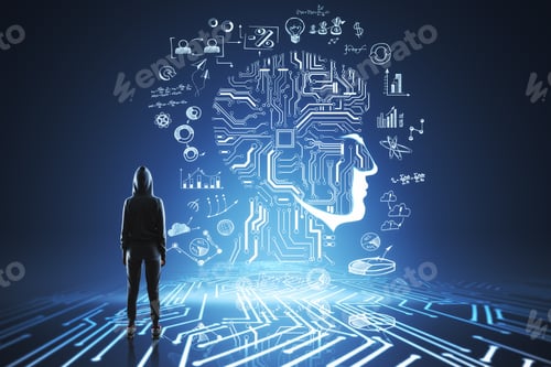 Preview: Young Hacker With Abstract Circuit Head Interface. Malware And Ransomware Concept.