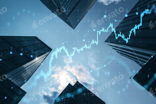 Preview: Real Estate And Investment Concept With Bottom View On Sunny Skyscrapers Tops And Digital Financial