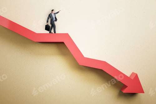 Preview: Business Man Standing On Abstract Red Downward Chart Arrow On Light Background. Down, Drop, Finance