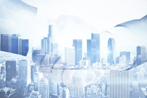 Preview: Close Up Of Handshake On Abstract City Background. Team Work Concept. Double Exposure