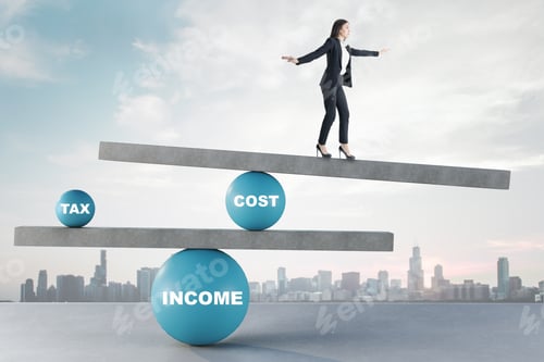 Preview: Businesswomen Walking On Scales On City Background. Income, Tax And Cost Concept.