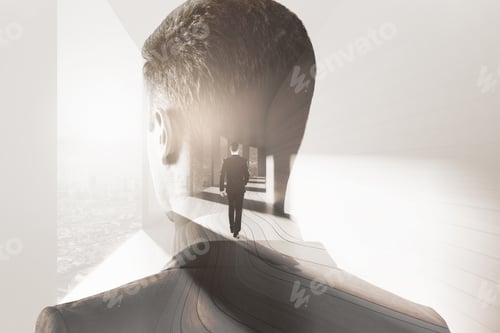 Preview: Back View Of Thinking And Walking Businessmen On City Background. Thoughts Concept