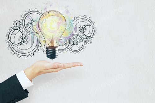 Preview: Hand Holding Light Bulb With Gears. Success And Idea Concept