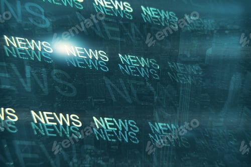 Preview: Abstract News Text Lines On Blue City Backdrop. Informational Program Concept. Double Exposure