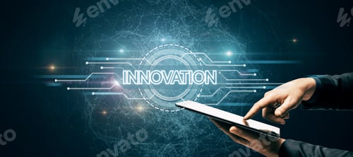 Preview: Hand Pointing At Tablet With Creative Glowing Digital Hud Interface Background With Circuit And