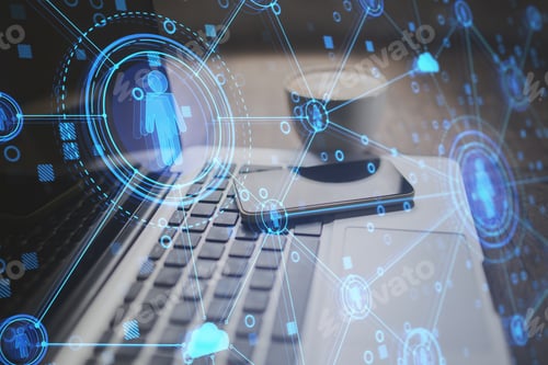 Preview: Close Up Of Desktop With Laptop And Creative Glowing Blue Business Interface On Blurry Background