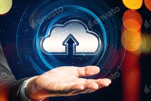 Preview: Close Up Of Businessman Hand Holding Glowing Round Cloud Hologram On Blurry Bokeh Background. Cloud