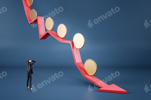 Preview: Lack Of Money And Crisis Concept With Pensive Woman Back View Looking At Red Arrow Going Down With