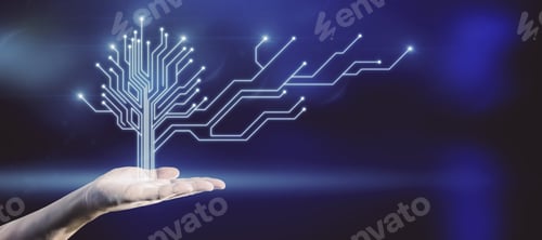Preview: Close Up Of Hand Holding Abstract Digital Circuit Tree On Blurry Blue Background With Mock Up