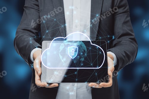 Preview: Close Up Of Businessman Hand Holding Pad With Abstract Glowing Cloud Hologram With Globe And Safety