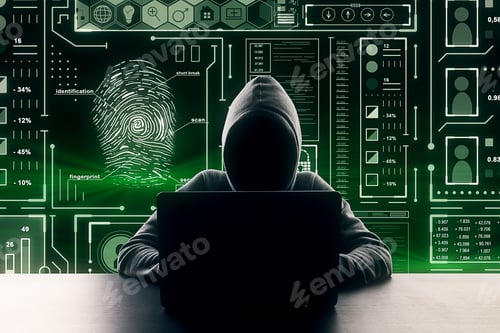 Preview: Hacker At Desktop Using Laptop With Abstract Glowing Finger Print Interface On Dark Background