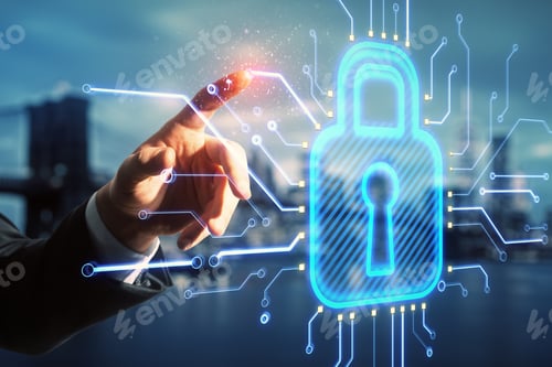Preview: Businessman Hand Pointing At Abstract Glowing Blue Padlock Circuit Hologram On Blurry City