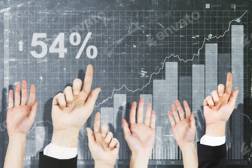 Preview: Row Of Waving Hands On Abstract Chalkboard Background With Drawn Business Chart. Success Concept