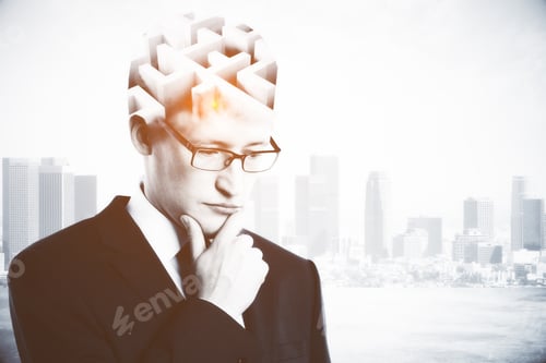 Preview: Portrait Of Attractive Young Businessman With Maze Brain On City Background. Difficulty Concept
