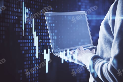 Vista previa: Hacker Using Laptop With Business Chart And Financial Analytics. Hacking And Cyber Attack Concept.