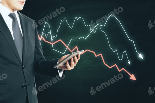 Preview: Businessman Holding Digital Tablet And Crisis Chart With Falling Red Arrow. Business And Financial