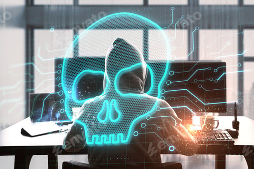 Preview: Abstract Image Of Hacker At Desktop Using Computers With Glowing Digital Skull On Blurry