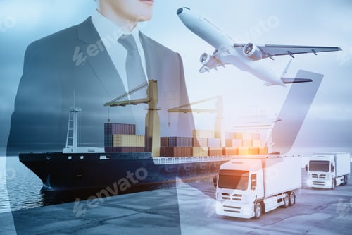 Preview: Businessperson With Laptop Standing On Abstract Double Exposure Background With Cargo Airplane