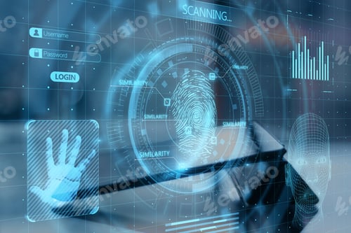 Preview: Close Up Of Tablet With Abstract Glowing Finger Scanning Hologram On Dark Background. Fingerprint