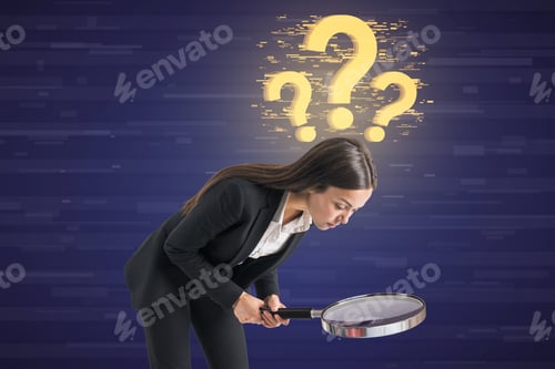 Preview: Attractive Young Caucasian Businesswoman With Magnifier Looking For Answers With Glowing Question