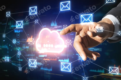 Preview: Hand Using Creative Glowing Cloud Email Map Hologram On Dark Backdrop. Cloud Computing, Newsletter