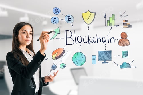 Preview: Attractive Young Businesswoman In Modern Blurry Office Interior With Blockchain Sketch. Block Chain