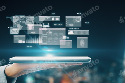 Preview: Hand Holding Tablet With Digital Business Interface Hologram On Blurry Night City Background. Big