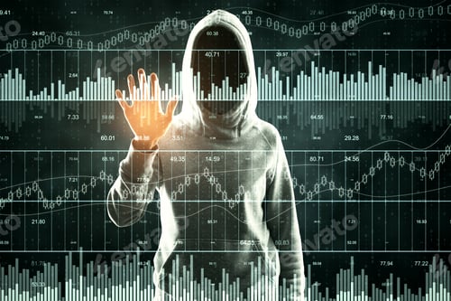 Preview: Hacker Using Abstract Forex And Big Data Interface On Dark Background. Ai And Finance Concept