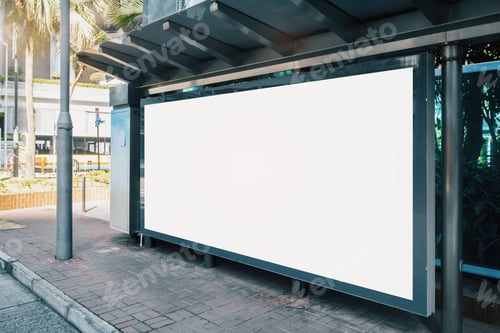 Preview: Side View Of Blank White Horizontal Billboard At Bus Stop. Commercial Concept. Mock Up
